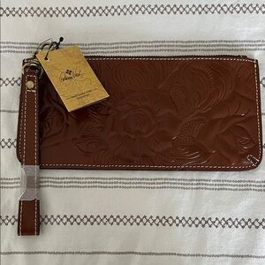 Patricia Nash Brown Embossed Floral Wristlet